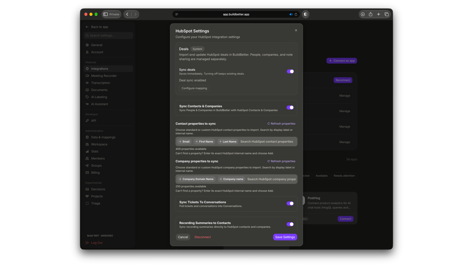 Inställningar för BuildBetter-integrationen med HubSpot